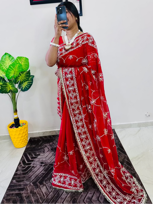 Georgette Gota Patti Work Saree with Blouse | Free Size | 5.5 Meter Length | Red (Maroon Shade)