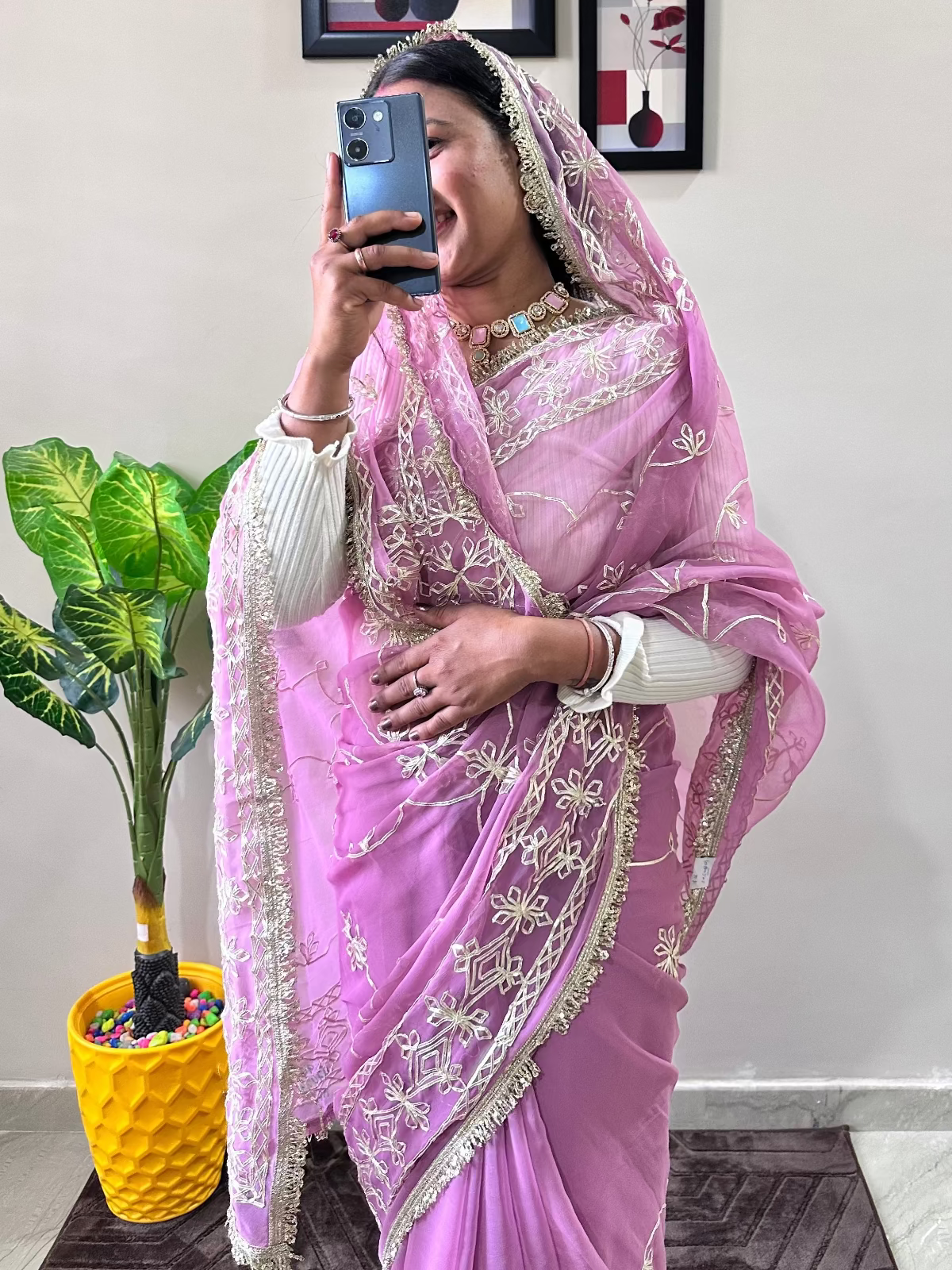 Georgette Gota Patti Work Saree with Blouse | Free Size | 5.5 Meter Length | Light Purple