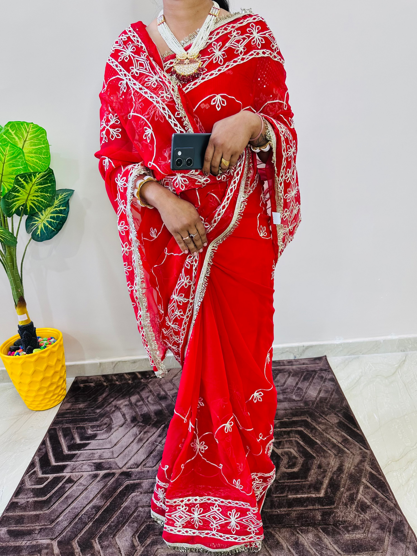 Georgette Gota Patti Work Saree with Blouse | Free Size | 5.5 Meter Length | Red (Maroon Shade)