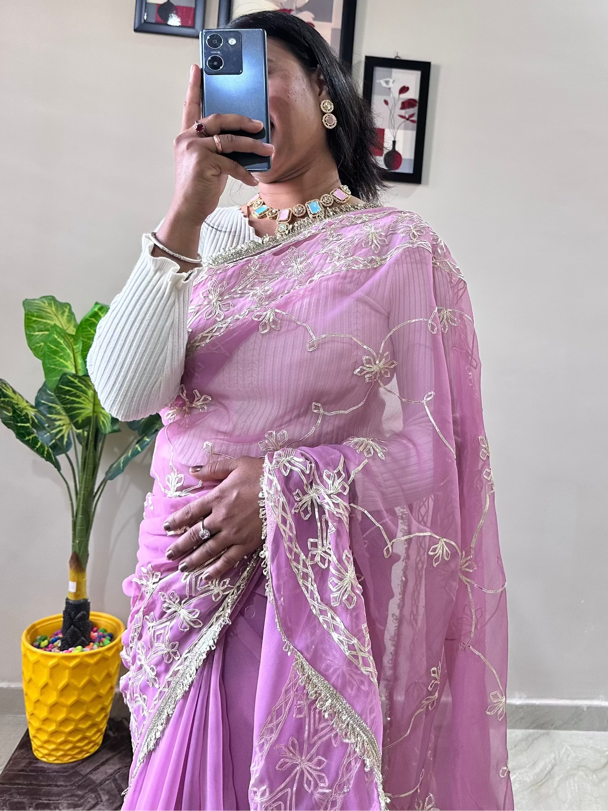 Georgette Gota Patti Work Saree with Blouse | Free Size | 5.5 Meter Length | Light Purple