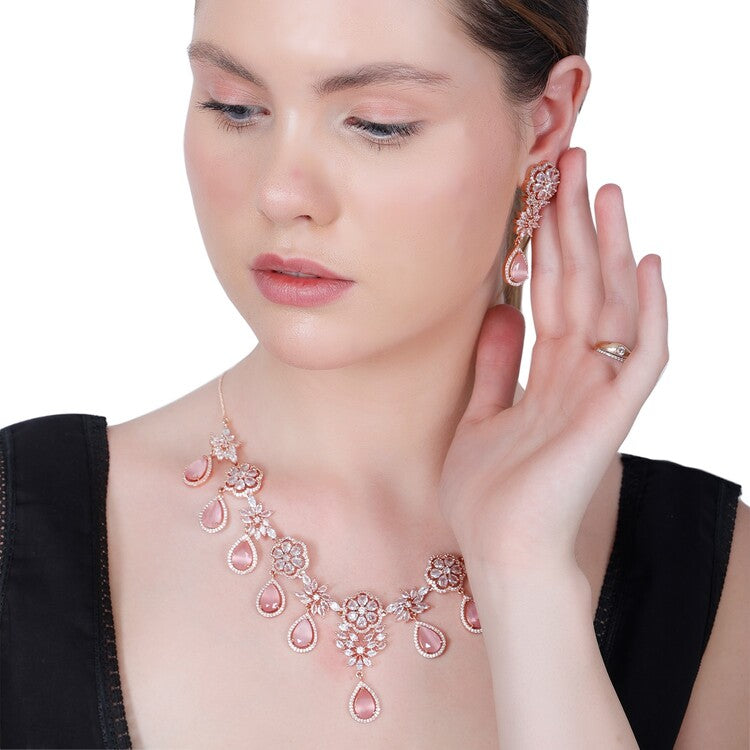 Rose Gold-plated Diamond Studded Necklace Set