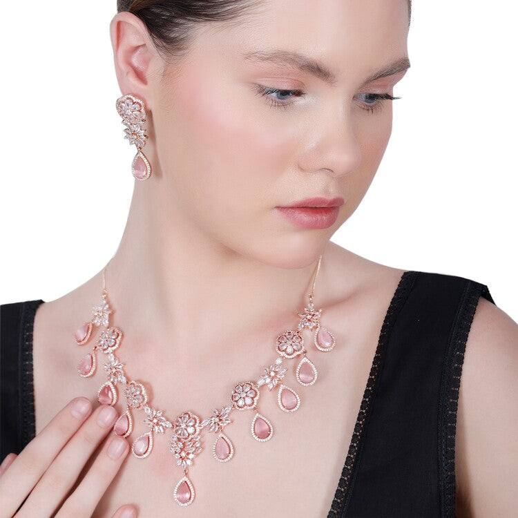 Rose Gold-plated Diamond Studded Necklace Set