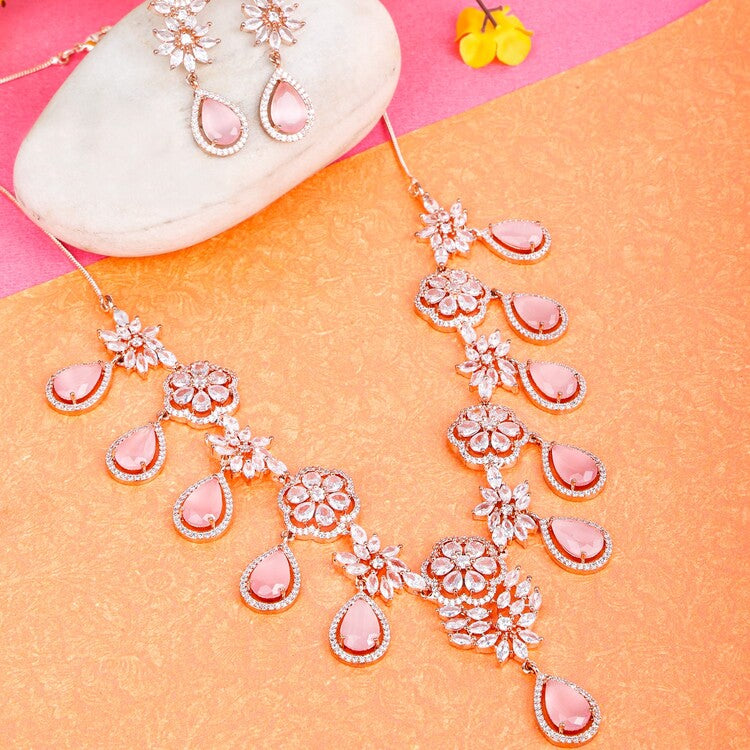 Rose Gold-plated Diamond Studded Necklace Set