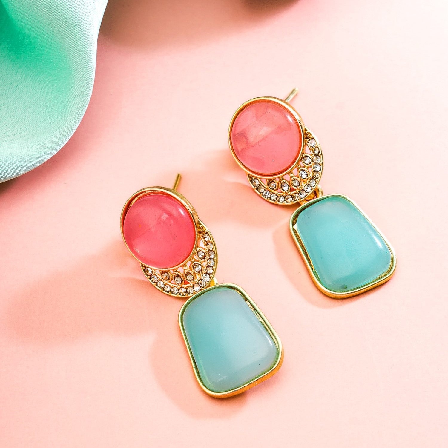 Pink & Light Blue-Stone Studded Earrings