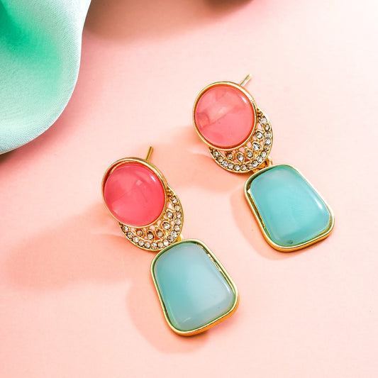 Artificial Pink & Light Blue-Stone Studded Earrings