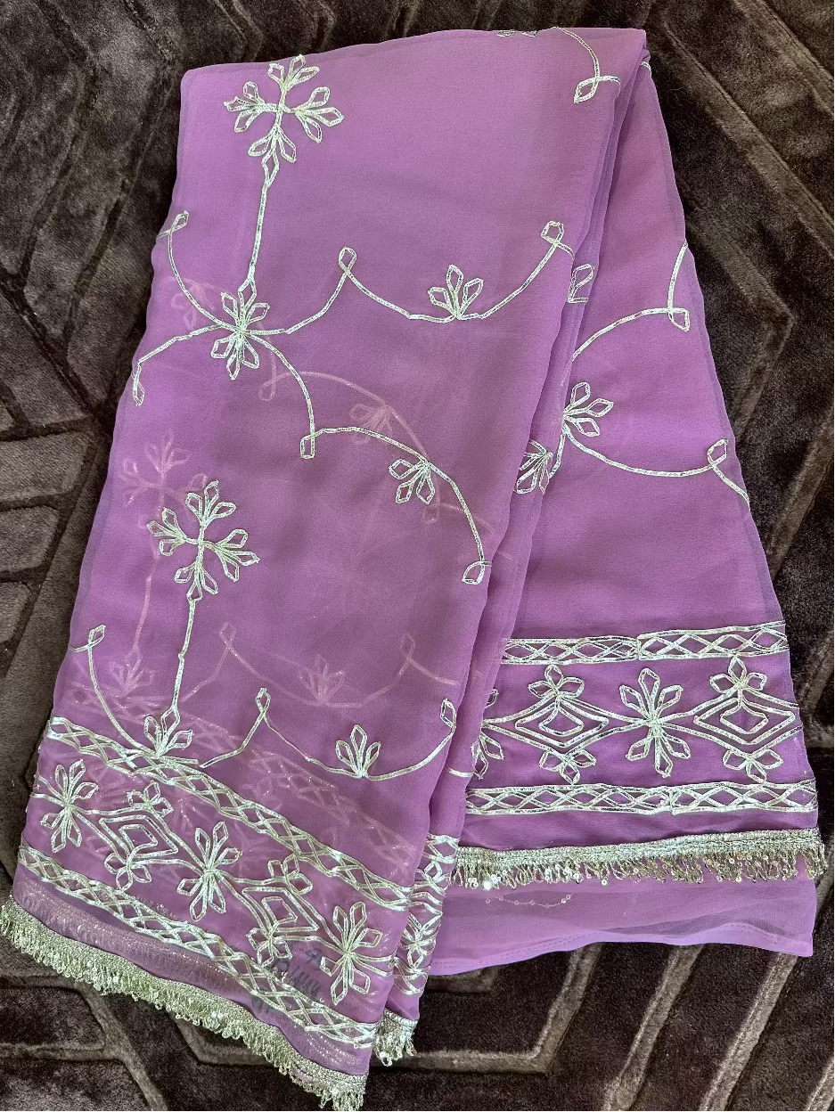 Georgette Gota Patti Work Saree with Blouse | Free Size | 5.5 Meter Length | Light Purple