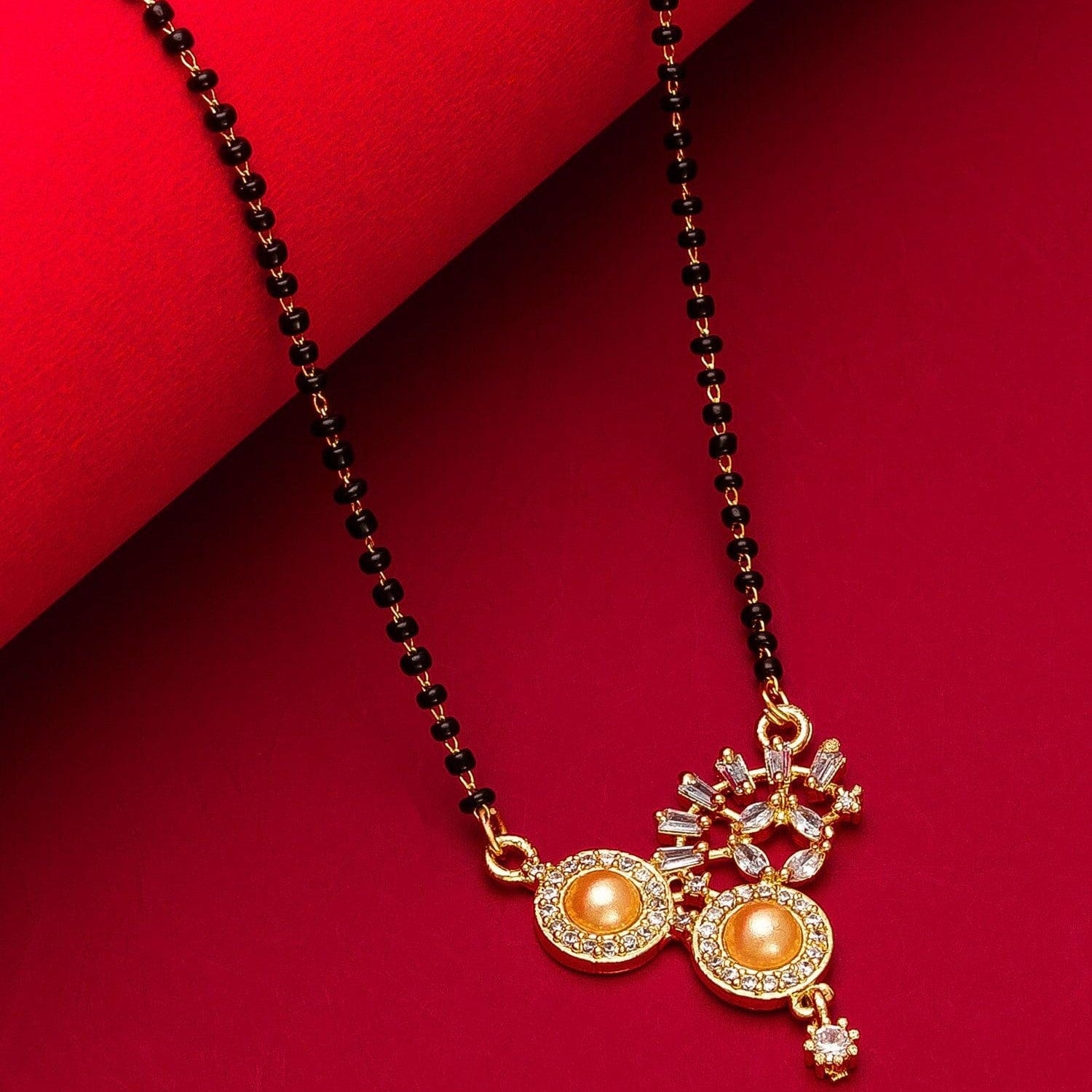 Gold-Plated Designer Mangalsutra with Black Beads and American Diamond Pendant