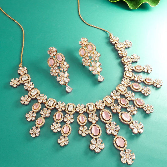 Artificial White & Pink Color-American Diamond Studded Necklace Set